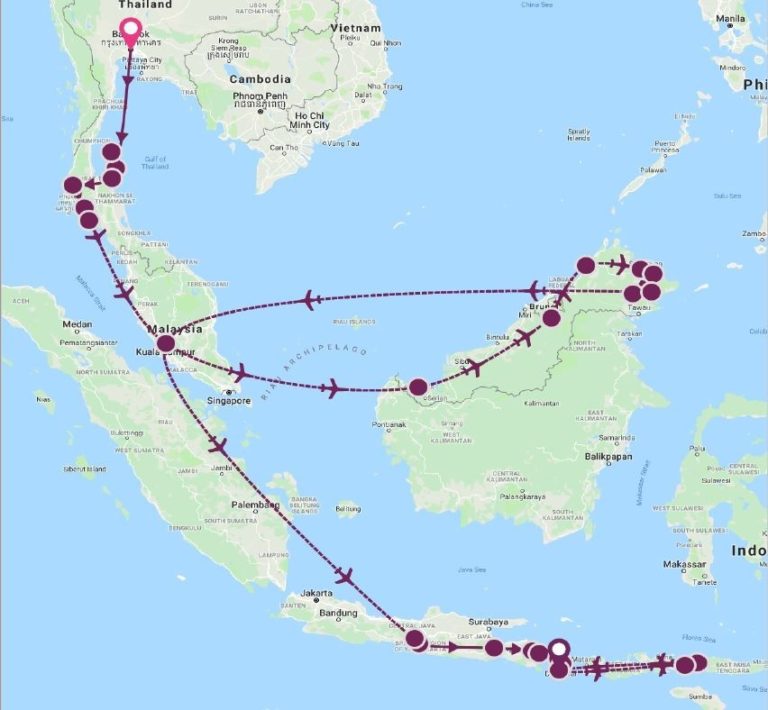 Voici une carte du trajet que nous effectuerons rendus en Asie du sud-est. Nous couvrirons environ 2000 kms x 2000 kms dans cette région immense mais très disloquée.